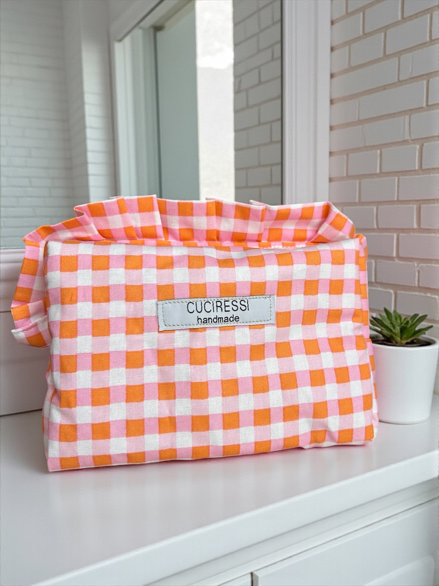 Trousse de toilette vichy orange et rose