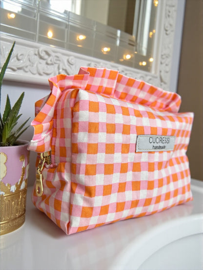 Trousse de toilette vichy orange et rose